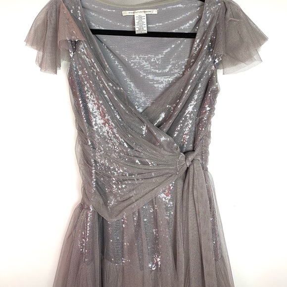 DVF Yadira Silver Sequin Tulle Runway Wrap Dress - Picture 4 of 7